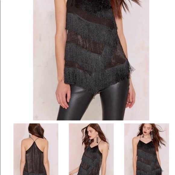 JOA Fringe & Satin Black Asymmetrical Racerback Halter Top Edgy Moto Sexy Size M - Picture 7 of 12